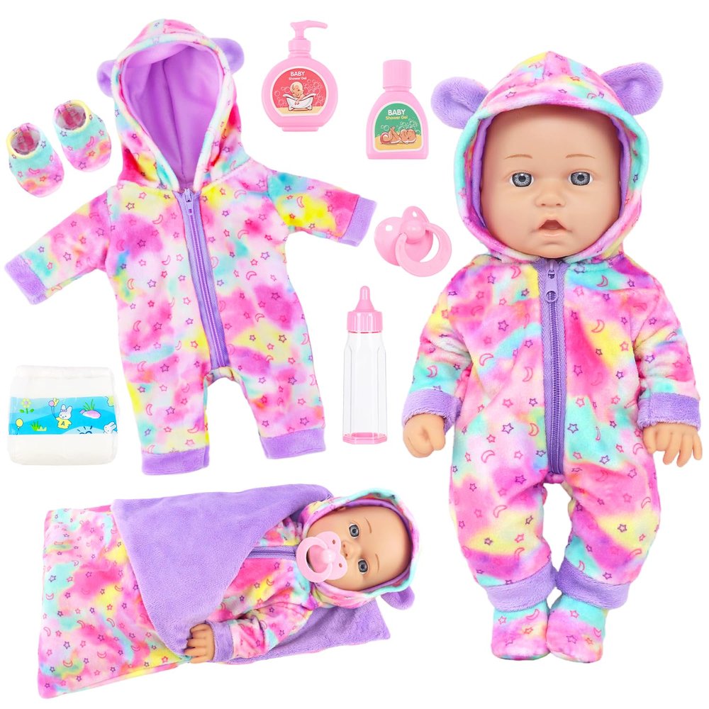 Ecore Fun 12 Inch Baby Doll with Outfit, Sleeping Bag,Pacifier, Bottle, Diaper & Care Set, Realistic Pretend Play Doll Accessories for Kids 3+