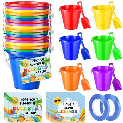 24 Set End of The Year Gifts Sand Beach Buckets Bulk with Shovels Cards Plastic Pool Beach Pails Water Bucket for Summer Kindergarten Preschool Graduation Party Favors