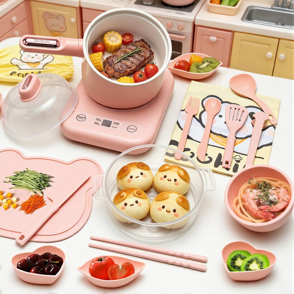 GoGoGoodie Montessori Kids Cooking Set Real, Mini Kitchen for Girl Ages 8-12 Montessori Educational (Pink)