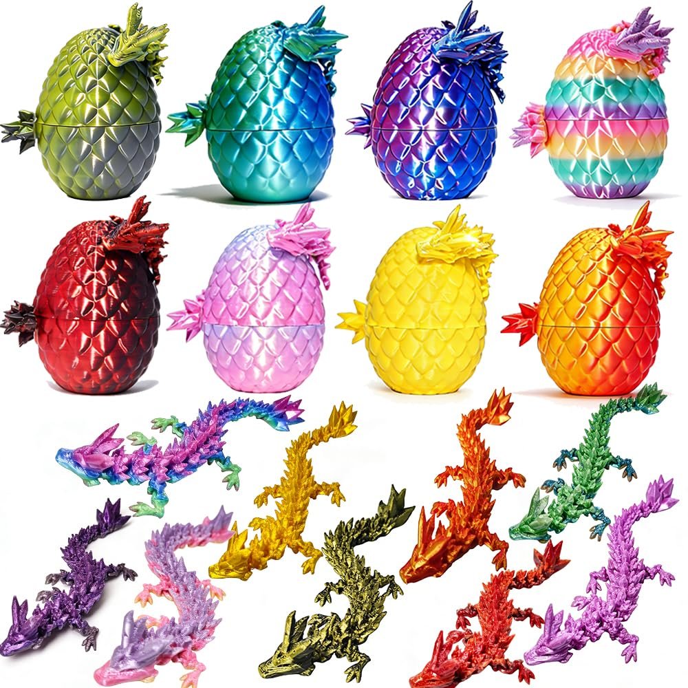8 Pack 3D Printed Dragon Eggs with Mystery Articulated Dragons Inside, Crystal Flexible Dragon Fidget Toys Set, Cool Surprise Egg Fillers for Kids Teens, Fantasy Desk Decor & Party Favors