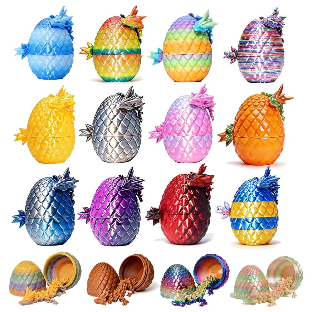 12 Pack 3D Printed Dragon Eggs with Dragon Inside, Articulated Crystal Dragon Fidget Toy Mystery Set, 3D Printed Animals for Easter Basket Stuffers & Egg Hunt, Cool Fantasy Desk Decor