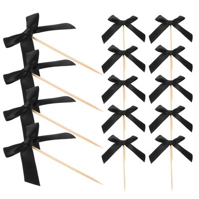 HANABASS 20pcs Black Fabric Bow Cake Toppers Disposable Bowknot Cupcake Picks for Birthday Wedding Party Decoration