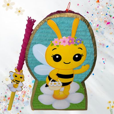 Bee Piata with Flower Crown, 24x15x5 Inches, Cardboard Construction with Matching Wood Stick, Birthday Party Decoration for Children
