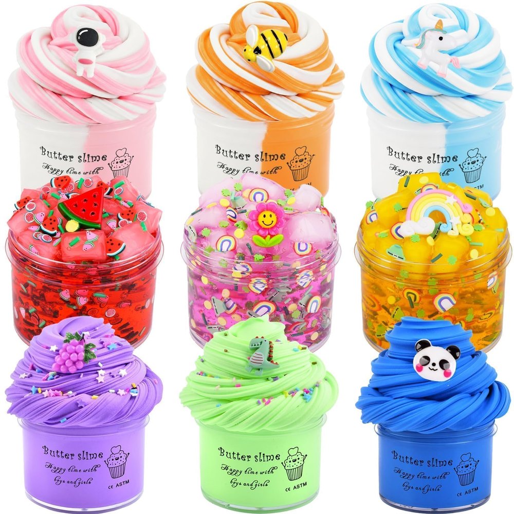 9 Pack Slime Kit, with 3 Jelly Cube Crunchy & 6 Butter Slime, Soft and Non-Sticky for Girls Boys Party Gift, Stress Kids Relief Toys - Classroom Reward, Party Supplies