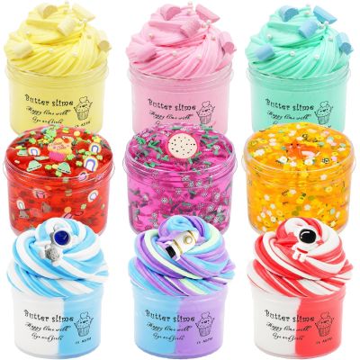 9 Pack Slime Kit, with 6 Butter Slime and 3 Jelly Cube Crunchy Slime Kit, Red, Blue, Pink Clear Crunchy Slime, Soft & Non-Sticky, for Girls and Boys FamilyToy, Party Favors and School Education