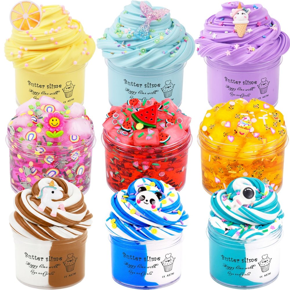 9 Pack Slime Kit - with 3 Jelly Cube Crunchy Slime and 6 Butter Slime, Non-Sticky, Mess-Free, Stress Relief Clear Slime - Toys for Girls and Boys - Party Favor, Stress Relief Toy, Classroom Reward