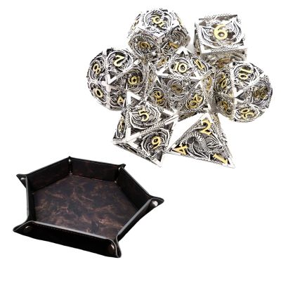 7-Piece White and Gold Dragon Dice, Hollow Polyhedron, Compatible with Role-Playing RPG Board Game Card Game