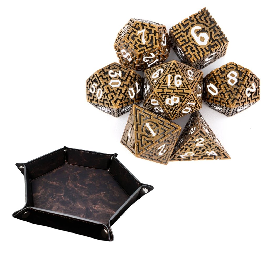 7 Piece Bronze and White Maze Design Dice, Hollow Polyhedron, Compatible with Role-Playing RPG Board Game Card Game