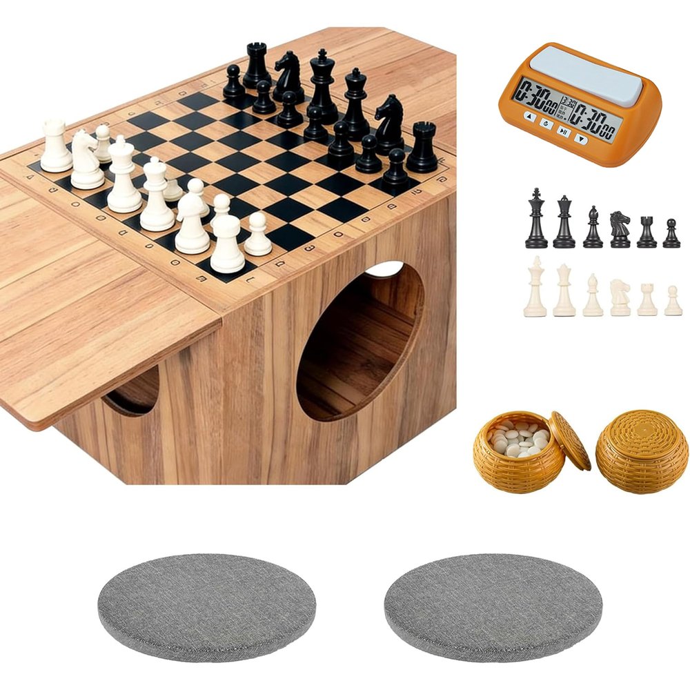 FENGXCXY Double-Sided Chess Table Set, Luxury Chess Set, Includes Chess + Go + Timer, Doubles as Coffee Table/Side Table, Comes with Dual Cushions. Family Board Game hub. (37)
