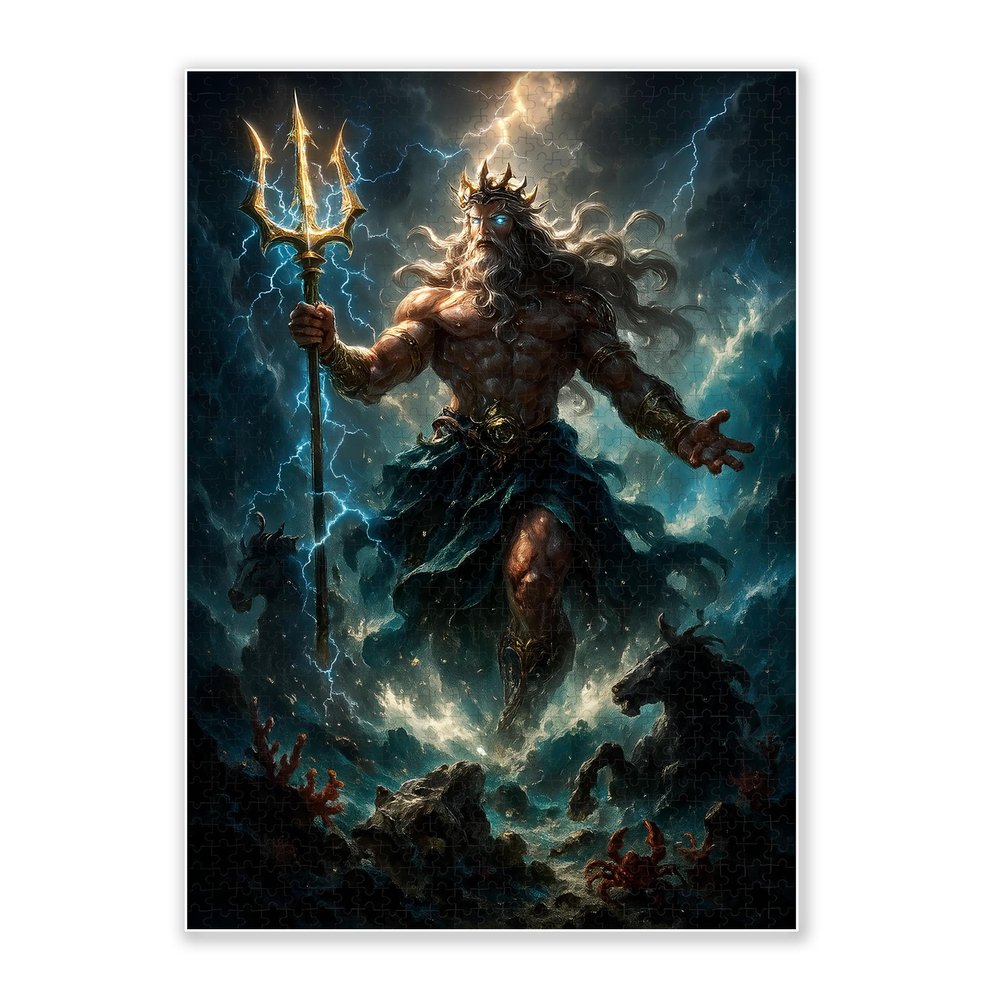 JMKLUP 500-Piece Adult Wood Jigsaw Puzzle, Poseidon with Golden Trident & Lightning Intellectual Challenge, High-Difficulty, Stress-Relieving Family Activity, Home Decoration Eco-Friendly, 20.5x15in