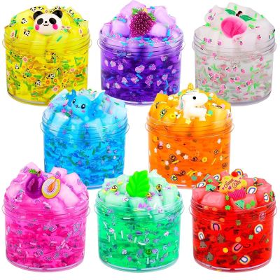 8 Pack Jelly Cube Crunchy Slime Kit with 8 Different Accessories, Soft Non-Sticky DIY Stress Relief Toys for Kids Girls Boys, Birthday Gift Party Favor Classroom Rewards