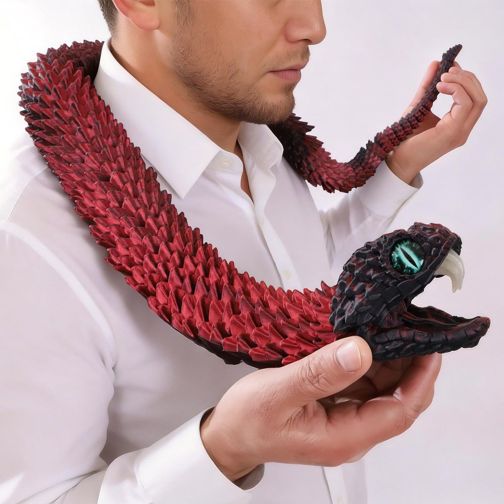 41.7in Giant 3D Printed Snake Realistic Large Toy Snake Figurine, Flexible Snake Model with Noctilucent Movable Teeth for 3D Printed Animals Collectors, Stres