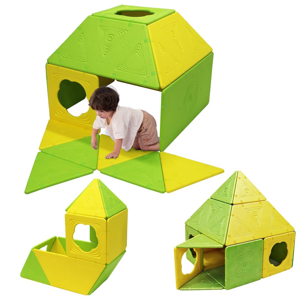 Asweets 18-Piece Magnetic Fort Building Kit for 3+ Kids, Giant Modular Playhouse Panels, Lightweight Panels with Built-in Magnets(Yellowe & Green)