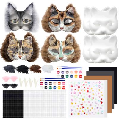 Vivrerizo Cat Therian Mask Kit - 4 Pcs Animal Mask Base with Tooth Nose and Sticker Painted DIY for Furry Masquerade Cosplay Props Costume Party Halloween Therian Accessories