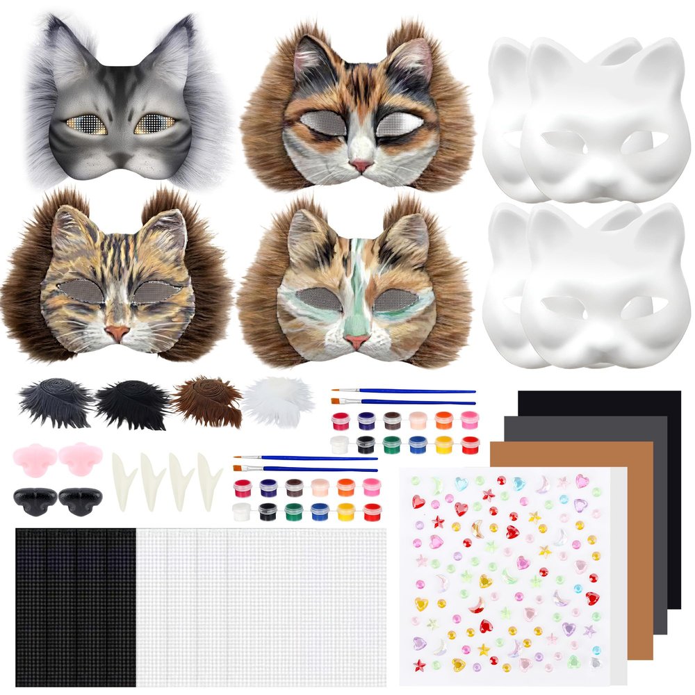 Vivrerizo Cat Therian Mask Kit - 4 Pcs Animal Mask Base with Tooth Nose and Sticker Painted DIY for Furry Masquerade Cosplay Props Costume Party Halloween Therian Accessories