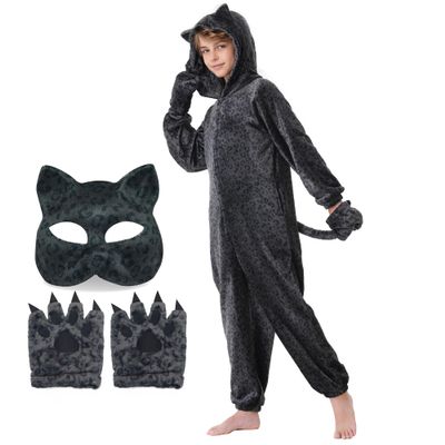 Ezuwail Black Leopard Costume for Kids Black Cheetah Hooded Bodysuit with Gloves Mask Animal Onesie Halloween Cosplay Outfit for Girls Boys (Black, 110)