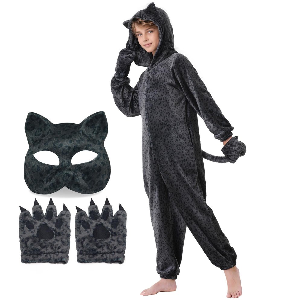 Ezuwail Black Leopard Costume for Kids Black Cheetah Hooded Bodysuit with Gloves Mask Animal Onesie Halloween Cosplay Outfit for Girls Boys (Black, 110)