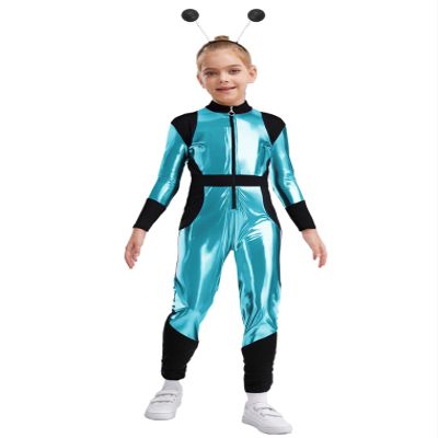 Hularka Kids Metallic Alien Jumpsuit with Antennas Festival Themed Party Outer Space Robot Full Bodysuit Sky Blue Black 10 Years
