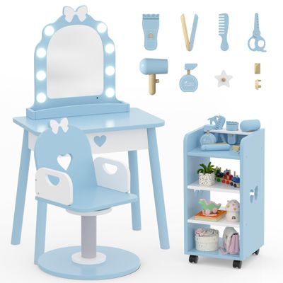 IdeaKey Wooden Kids Vanity Table and Chair Set with Light and Mirror, Princess Makeup Vanity Desk with Barber Chair and Rolling Cart, Pretend Hair Salon Play Set, Toddler Vanity Set for Girls, Blue