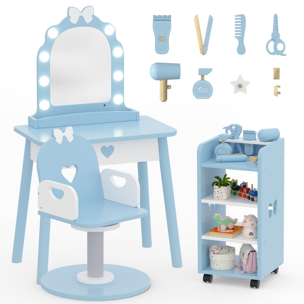 IdeaKey Wooden Kids Vanity Table and Chair Set with Light and Mirror, Princess Makeup Vanity Desk with Barber Chair and Rolling Cart, Pretend Hair Salon Play Set, Toddler Vanity Set for Girls, Blue