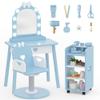 IdeaKey Wooden Kids Vanity Table and Chair Set with Light and Mirror, Princess Makeup Vanity Desk with Barber Chair and Rolling Cart, Pretend Hair Salon Play Set, Toddler Vanity Set for Girls, Blue view 1