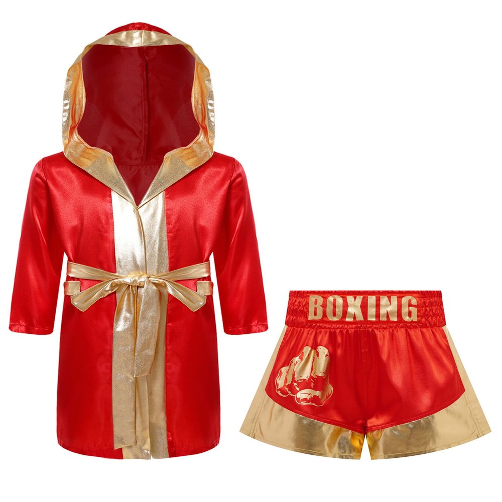 Raenseen Boys Girls Boxing Uniform Halloween Boxer Champion Cosplay Outfit Boxing Gown Muay Thai Shorts Red&Gold 16 Years