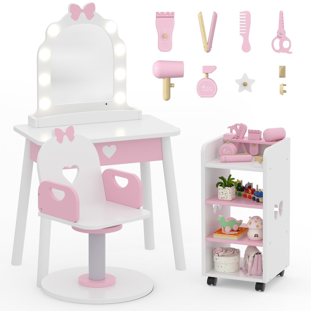 IdeaKey Wooden Kids Vanity Table and Chair Set with Light and Mirror, Princess Makeup Vanity Desk with Barber Chair and Rolling Cart, Pretend Hair Salon Play Set, Toddler Vanity Set for Girls, White