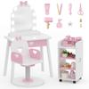 IdeaKey Wooden Kids Vanity Table and Chair Set with Light and Mirror, Princess Makeup Vanity Desk with Barber Chair and Rolling Cart, Pretend Hair Salon Play Set, Toddler Vanity Set for Girls, White view 1