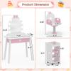 IdeaKey Wooden Kids Vanity Table and Chair Set with Light and Mirror, Princess Makeup Vanity Desk with Barber Chair and Rolling Cart, Pretend Hair Salon Play Set, Toddler Vanity Set for Girls, White view 4