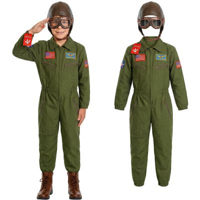 Morph Kids Flight Suit Pilot Costume with Aviator Helmet Goggles Scarf Set, Boys Air Force Fighter WW2 Costume Kids - Small