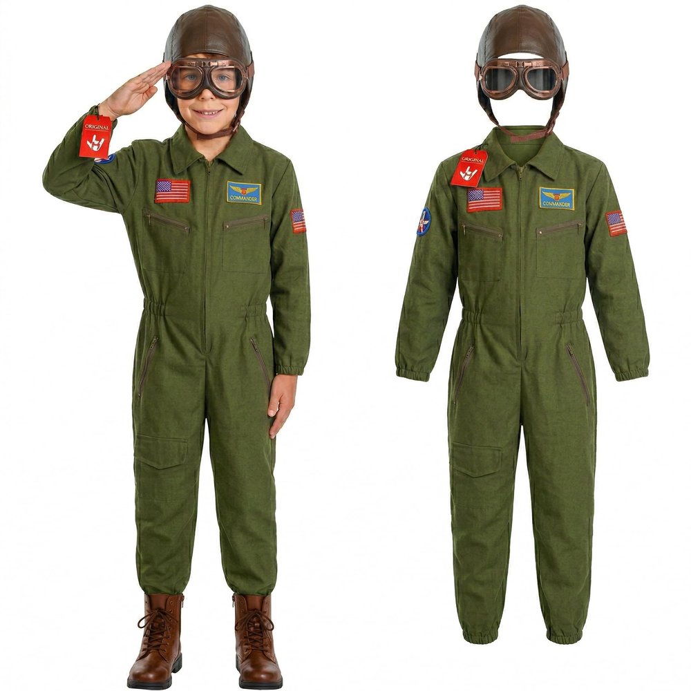 Morph Kids Flight Suit Pilot Costume with Aviator Helmet Goggles Scarf Set, Boys Air Force Fighter WW2 Costume Kids - Small