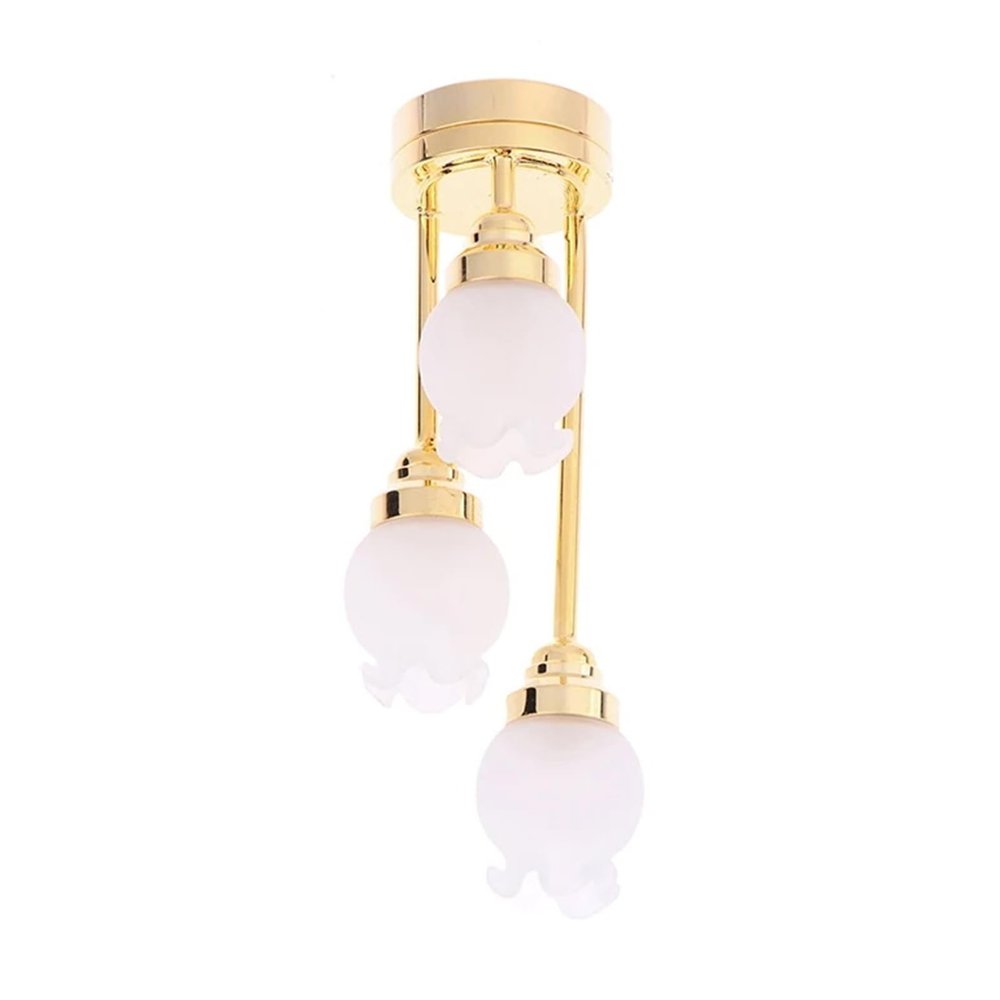 1/12 Scale Dollhouses Chandelier Three Head Ceiling Lamp LED Light with Gold Base Designs for Living Room Scene Display Collectible Dollhouses Accessories