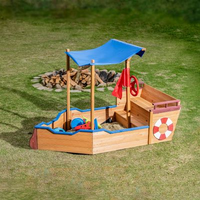 BIFULDYO Pirate Ship Sandbox with Lid and Canopy for Kids Ages 4-8, Wooden Outdoor Sand Box with Cover, Rudder, Storage Bench, 43.3x22.6x6.3 Inch