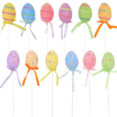 12 PCS Foam Easter Egg Picks, Easter Egg Plant Picks, Cake Topper Sticks Garden Ornament, Spring Home Decor or Basket Stuffers