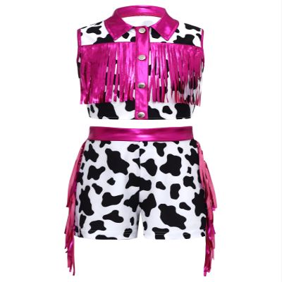 YiZYiF Kids Girl Cowgirl Outfit Western Themed Cosplay Fringe Tassel Crop Top and Shorts Set Hot Pink 6 Years
