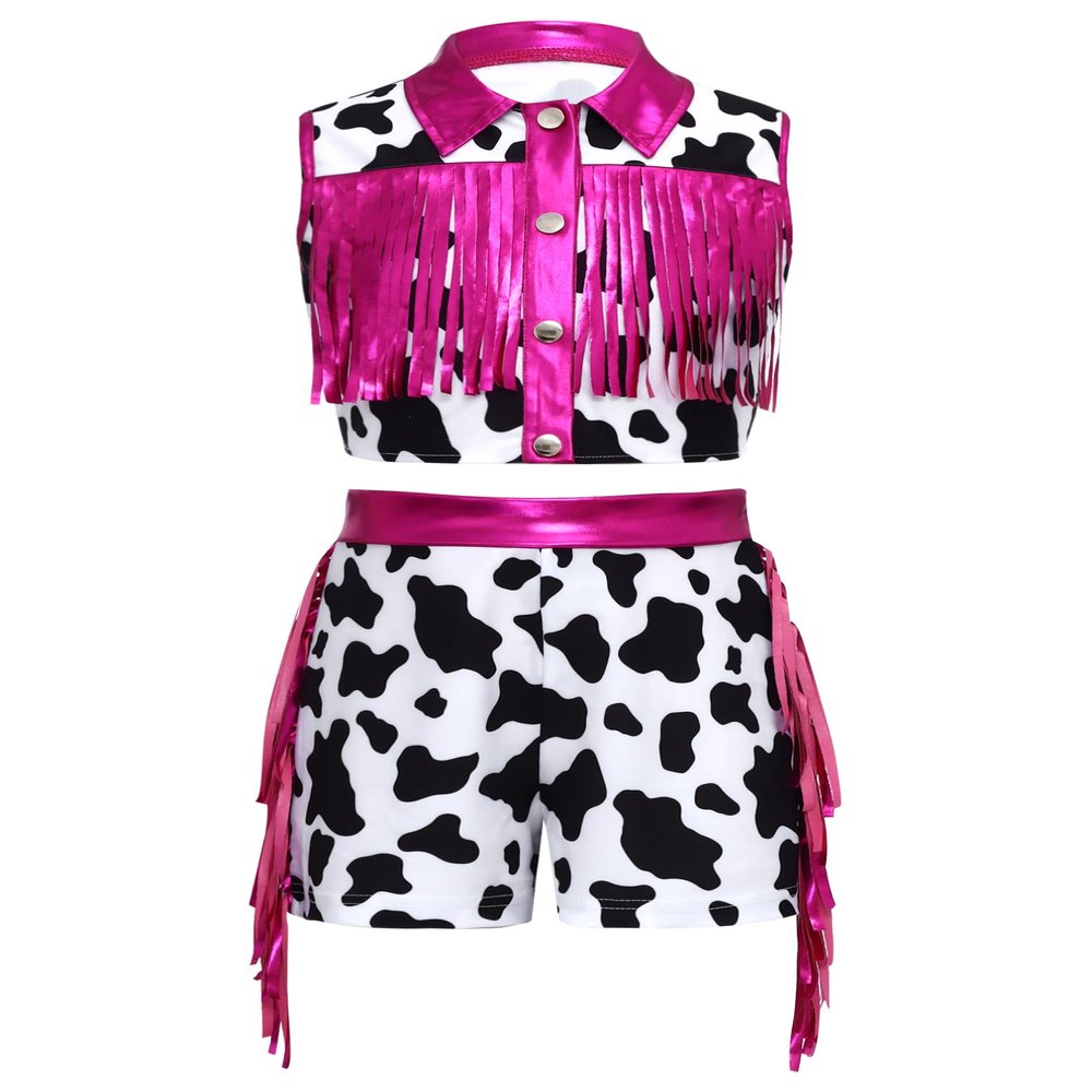 YiZYiF Kids Girl Cowgirl Outfit Western Themed Cosplay Fringe Tassel Crop Top and Shorts Set Hot Pink 6 Years
