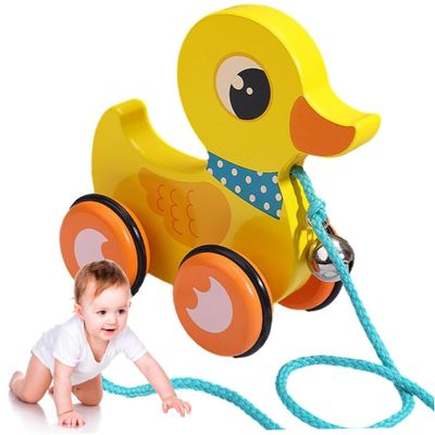 Baby Pull Toy, Wooden Pull Toy with Bell & Non-Slip Wheel, Interactive Duck for 1-3 Year Olds, Develops Mobility, Balance & Hand Eye Coordination Skills, Yellow, Duck, Baby