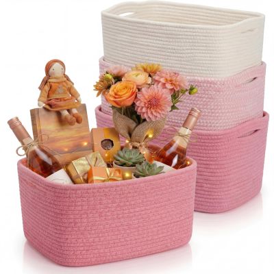 Junkin 3 Pack Pink Gift Basket Empty Cotton Woven Laundry Basket 15 x 10 x 8.7 Inch Pink Storage Bin for Closet Organizing Nursery