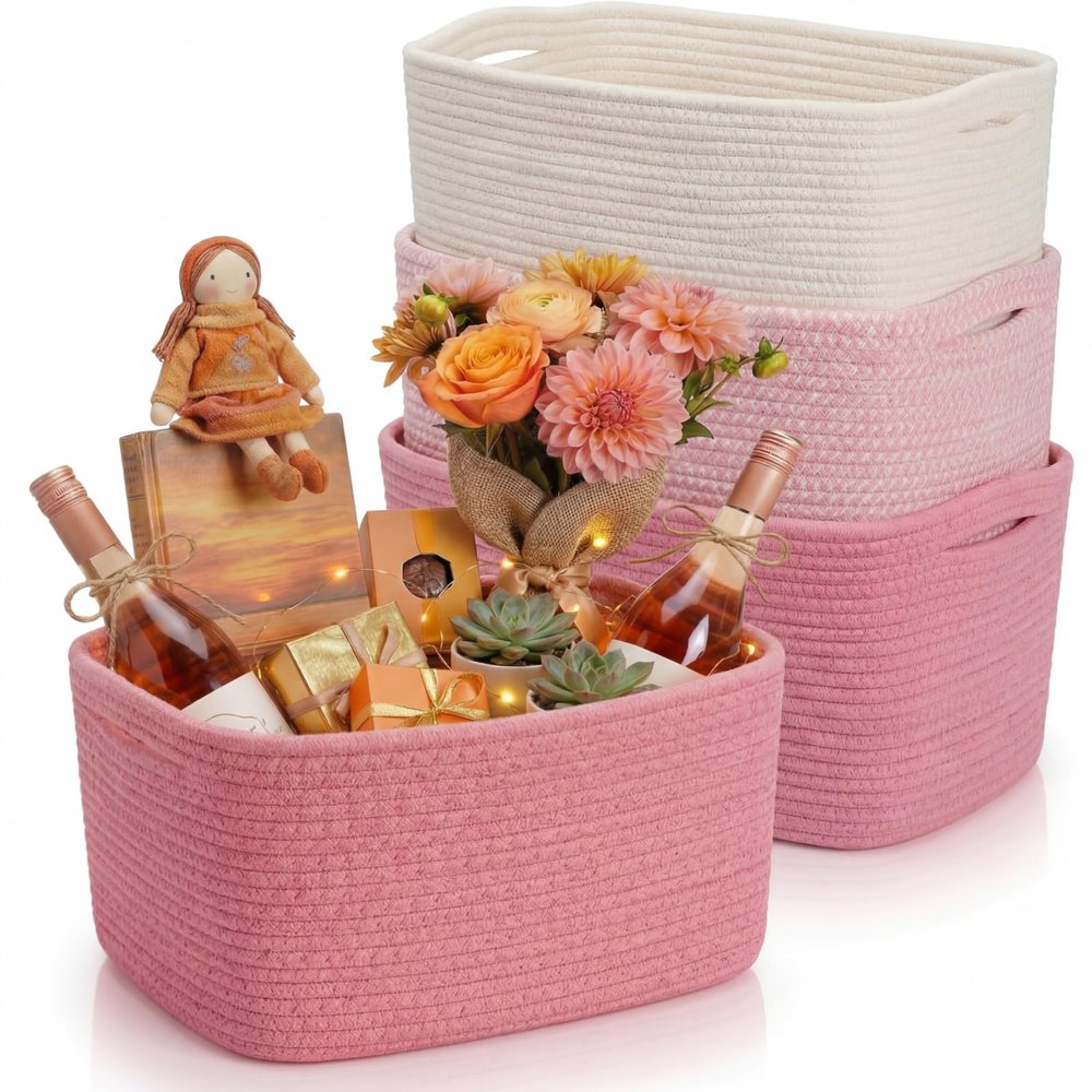 Junkin 3 Pack Pink Gift Basket Empty Cotton Woven Laundry Basket 15 x 10 x 8.7 Inch Pink Storage Bin for Closet Organizing Nursery