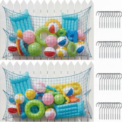 GliCraft 2 Pack 71 x 47 Inch Large Pool Toy Storage Net Heavy Duty Hanging Mesh Organizer with 20 Rustproof Hooks, Elastic Water Inflatable Toys Holder for Poolside Floats, Balls, Rafts Accessories