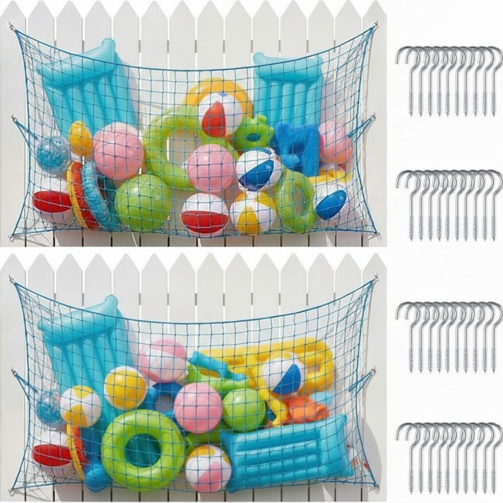 GliCraft 2 Pack 71 x 47 Inch Large Pool Toy Storage Net Heavy Duty Hanging Mesh Organizer with 20 Rustproof Hooks, Elastic Water Inflatable Toys Holder for Poolside Floats, Balls, Rafts Accessories
