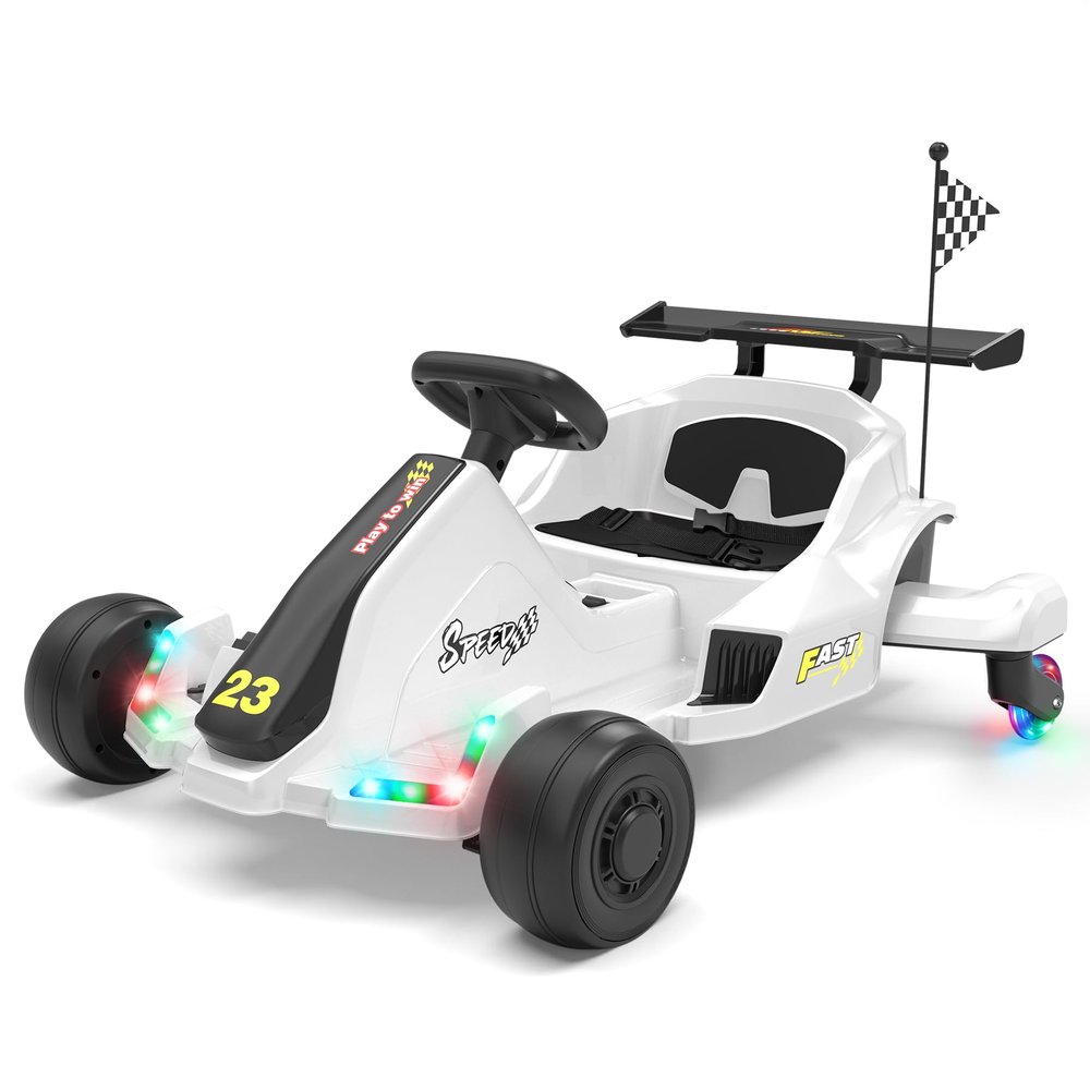 12V Kids Electric Go Kart for Ages 4+, Drift Go Cart with Music & LED Lights, Drifting Car with Swivel Rear Wheels, Adjustable Seat Belt, Outdoor Ride on Toys for Boys and Girls(White)