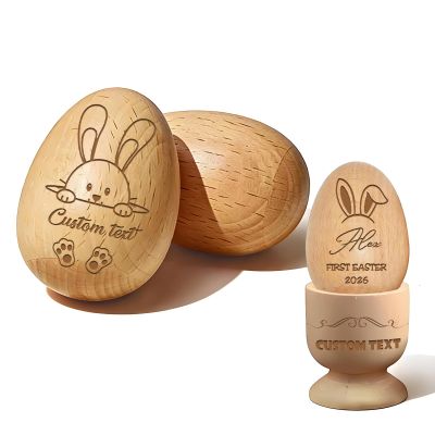 Custom Musical Easter Egg Shaker 2026, Hollow Fillable Wooden Easter Basket Stuffer, Personalized First Easter Gift for Boys Girls, Easter Home Decor (Egg Cup Wooden Egg)