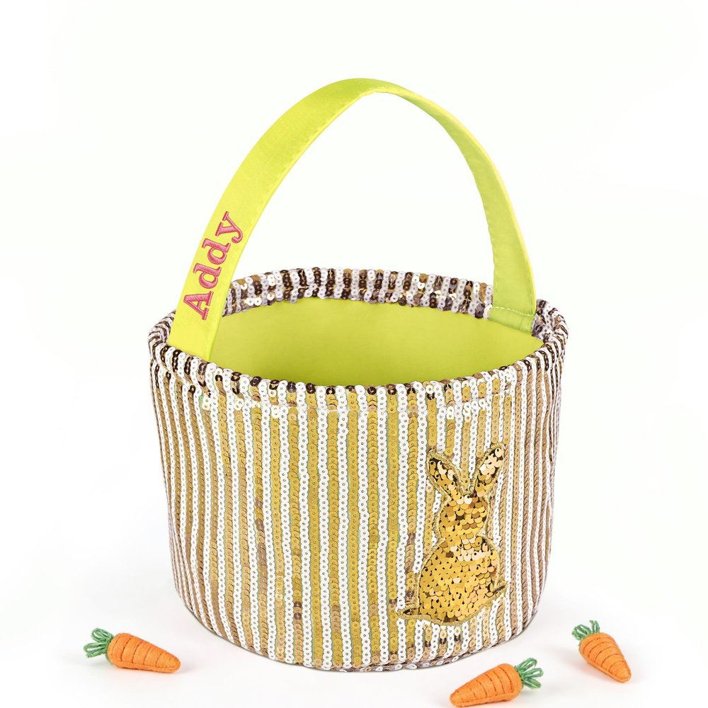 Personalized Easter Basket for Kids, Boys & Girls Ideal for Egg Hunting & Easter Gift Storage (Yellow Sequin Bunny Basket)
