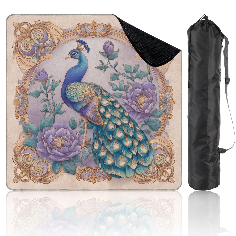 31.5" x 31.5" Mahjong Mat for Table with Carrying Bag Symmetrical Chinoiserie Peacock Elegant Floral Border Non-Slip Noise-Reducing Game Mat Mahjong Accessories for Poker Dominoes Board Games
