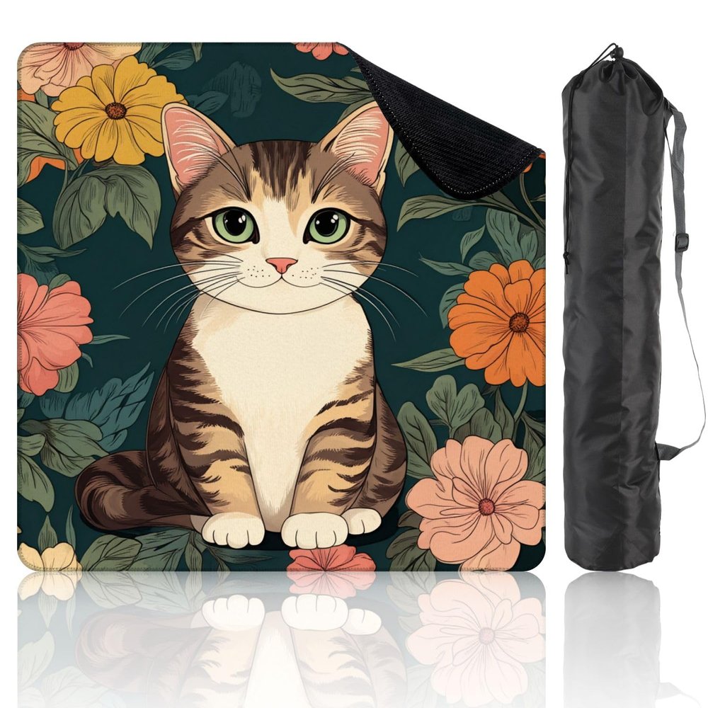 31.5" x 31.5" Mahjong Mat for Table with Carrying Bag Tabby Cat Sitting Amidst Vibrant Floral Orange Pink Non-Slip Noise-Reducing Game Mat Mahjong Accessories for Poker Dominoes Board Games