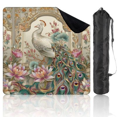 31.5" x 31.5" Mahjong Mat for Table with Carrying Bag Symmetrical Chinoiserie Peacock Pastel Feathers Floral Non-Slip Noise-Reducing Game Mat Mahjong Accessories for Poker Dominoes Board Games