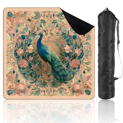 31.5" x 31.5" Mahjong Mat for Table with Carrying Bag Tranquil Peacock Design Swirling Cherry Blossoms Muted Non-Slip Noise-Reducing Game Mat Mahjong Accessories for Poker Dominoes Board Games