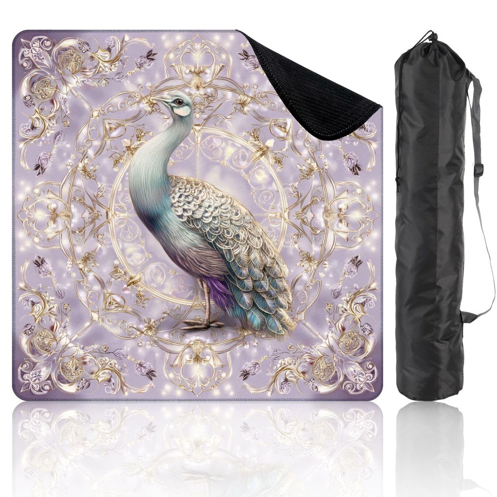 31.5" x 31.5" Mahjong Mat for Table with Carrying Bag Graceful Peacock Design Gold Accents Soft Pastel Non-Slip Noise-Reducing Game Mat Mahjong Accessories for Poker Dominoes Board Games
