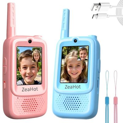 2026 Upgraded Kids Video Walkie Talkies 2 Pack, Rechargeable Long Range Walkie Talkies for Kids, Video Intercom with Photo Sharing, Voice Chat, Emoji Messaging, Voice-Changing Modes (Blue+Pink)